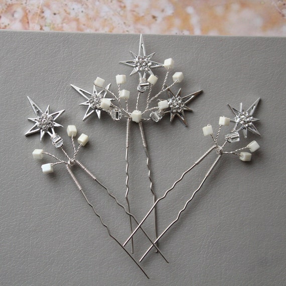 Silver Star Bridal Hair Pins Celestial Wedding Headpiece  display picture 1