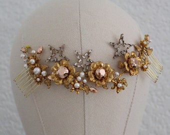 Gold Celestial Bridal Hair comb, wedding star Headdress, Flower and Star Hair piece, Gold headpiece, Gold Rose gold Hair Accessory, Gift