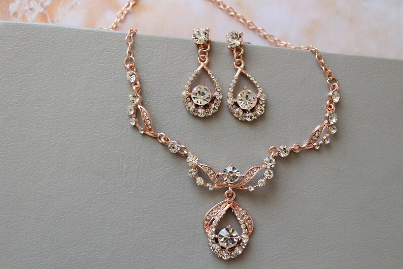Rose Gold Necklace and Earring Set Wedding Necklace Art Deco Etsy UK