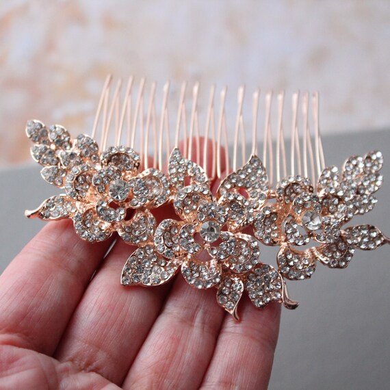 Rose Gold Crystal Wedding Hair Comb: Floral Diamante Bridal  display picture 2