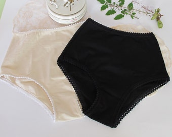 Zwei hoch taillierte Höschen, 100% Bio-Baumwolle, hoch taillierte Culotte, Retro-Stil, Vintage-Stil Dessous, schwarze Baumwolle