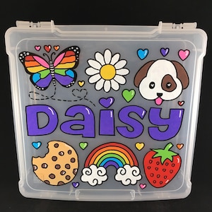 May include: A clear plastic storage box with a colorful hand-painted design. The design features a butterfly, a daisy, a rainbow, a strawberry, a cookie, and a dog. The text "Daisy" is written in purple letters.