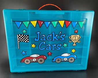 Matchbox car case, personalized toy car storage case with handle, single sided car case