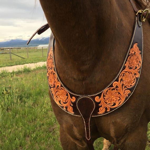 Breast collar for horses pulling collar hand tooled flowers Etsy