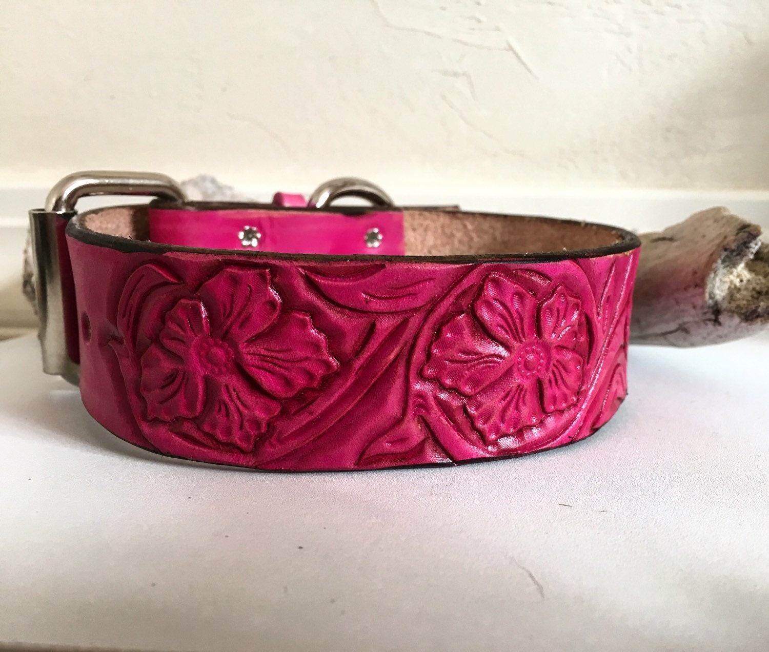 Pink Leather Dog Collar With Sheridan Style Fancy Flowers Tooled 1 2 Inch Wide Or