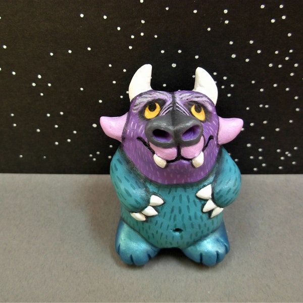 RESERVED Ichabelle, the purple & teal art monster - Miniature Hand Sculpted Clay Funny Folk Art Figurine Ornament Statue w/ original story