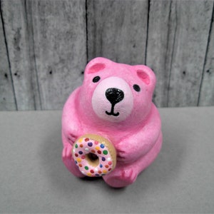 Sweetlie, the chubby pink donut art bear - vintage style hand sculpted miniature clay forest animal figurine ornament with original story