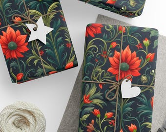 Red Floral Scroll Botanical Flowers Wrapping Papers | Gift Wrap Roll