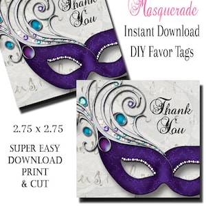 Purple Masquerade Thank You Favor Tags: Sweet 16 Birthday (Digital Download)
