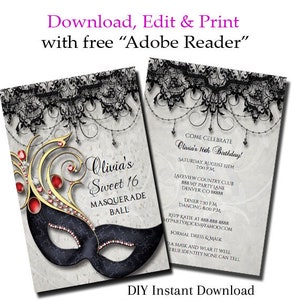 Sweet Sixteen Masquerade Party Invitation, Sweet 16 Invitation, Masquerade Invitation, Sweet Sixteen Invitation, You Edit PDF