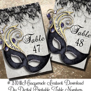 May include: Two printable table number cards with a black masquerade mask design. The cards have a white background with black lace and gold accents. The text on the cards reads "Table 47" and "Table 48". #25 to 48 Masquerade Instant Download Diy Digital Printable Table Numbers