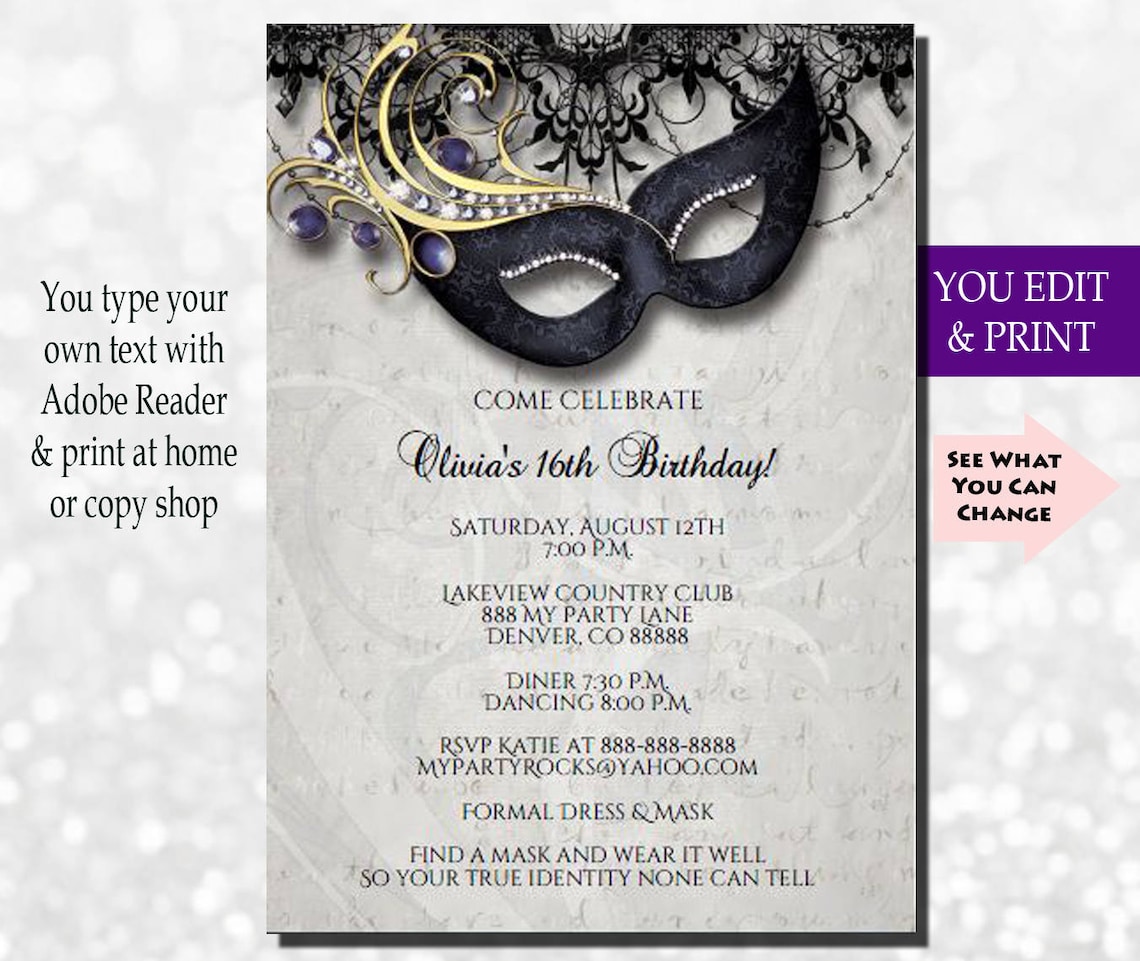 Masquerade Invitation Masquerade Party Invitation Masquerade Etsy