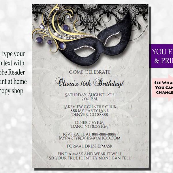 Masquerade Invitation, Masquerade Party Invitation, Masquerade Instant Download Invitation, Masquerade Ball Invitation, You Edit PDF