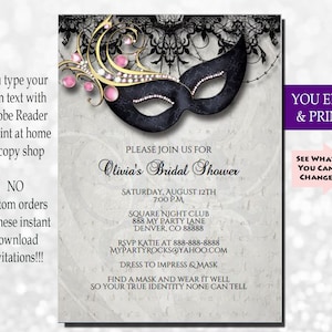 Pink & Gold Bridal Shower Invitation: Masquerade Party (You Edit PDF)