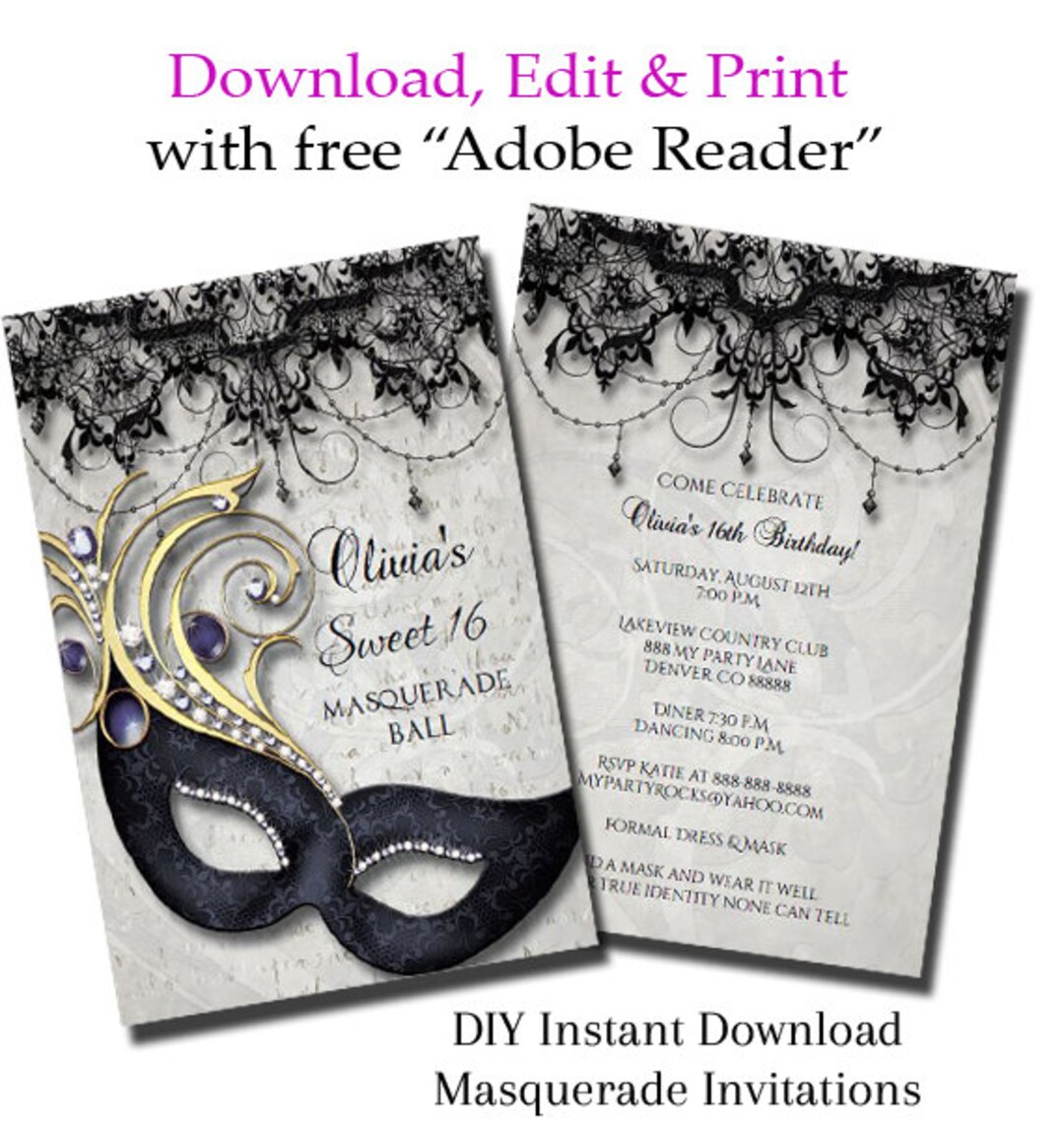 sweet-sixteen-masquerade-party-invitation-instant-download-diy-editable-pdf-etsy for Free Printable Masquerade Ball Invitations Sweet Sixteen Masquerade Party Invitation INSTANT DOWNLOAD DIY Editable Pdf - Etsy for Free Printable Masquerade Ball Invitations