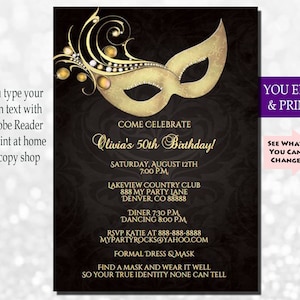 Gold Masquerade 50th Birthday Invitation (You Edit PDF)