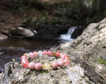 Citrine, Rhodocrosite and Volcano Cherry Quartz Bracelet, Mala Bracelet, Beaded Bracelet, Gemstone Bracelet, Women Bracelet, Pink Bracelet