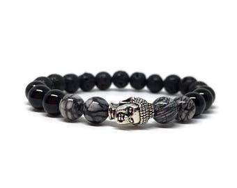 Black Lava stone, Black Agate and Picasso Jasper Bracelet, Oil Diffuser Bracelet, Buddha bracelet, Mala bracelet, Diffuser Bracelet