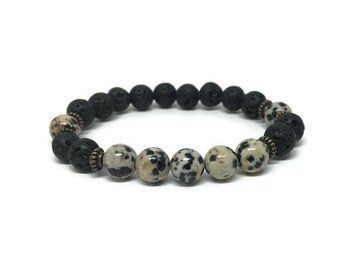 Dalmatian Jasper and Black Lava Stone Bracelet, Mala Bracelet, Oil Diffuser Bracelet, Essential Oil Diffuser Jewelry, Beaded Bracelet, Yoga