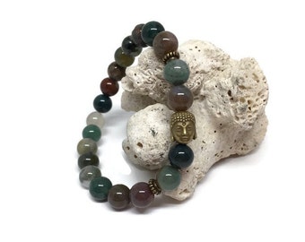 Indian Agate Bracelet, Agate Jewelry, Buddha Bracelet, Buddha Head Charm, Beaded Bracelet, Mala Bracelet, Men Bracelet, Women Bracelet, 8mm