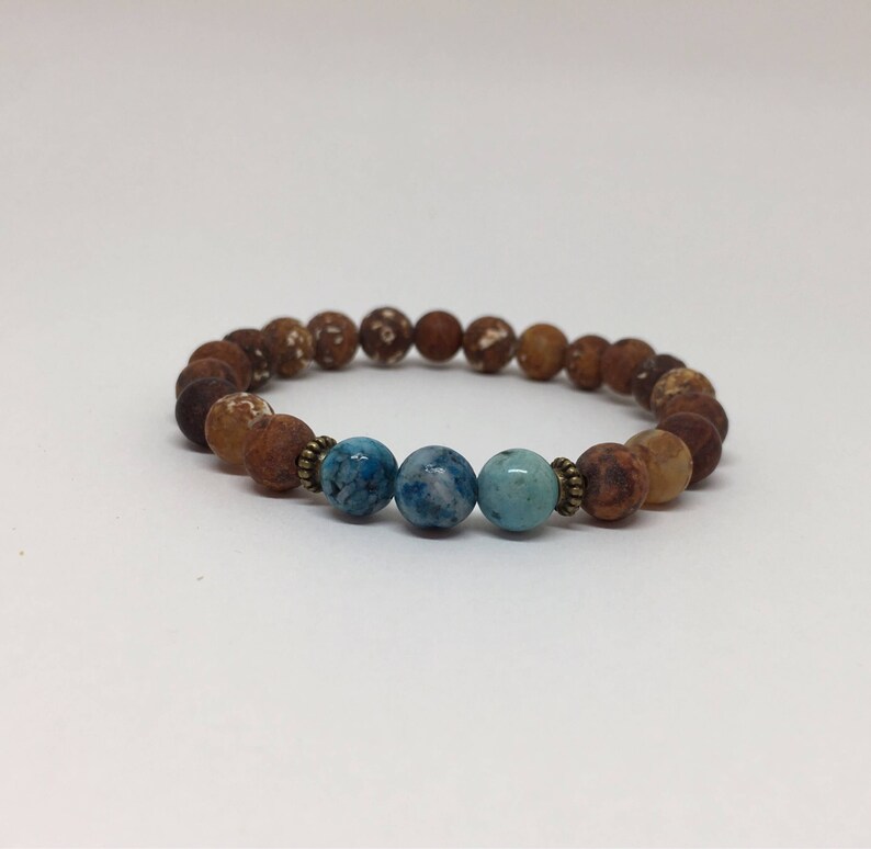 Vintage Wood Agate and Blue Hemimorphite Bracelet, Mala Bracelet, Beaded Bracelet, Men Bracelet, Women Bracelet, 8mm Beads, 8mm Bracelet image 4