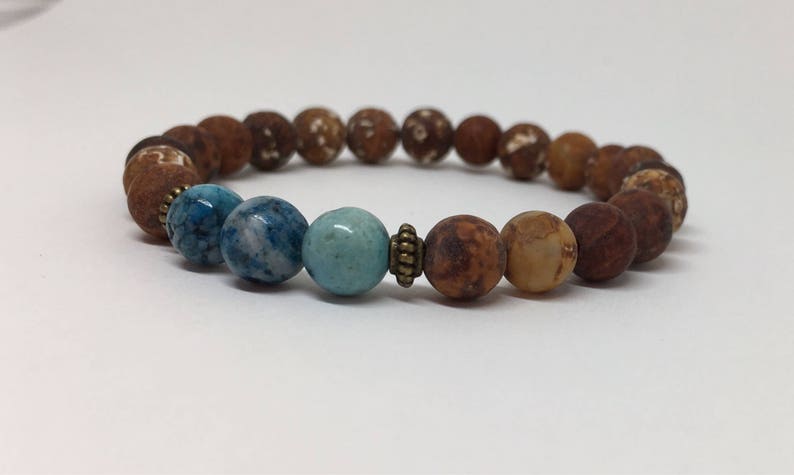 Vintage Wood Agate and Blue Hemimorphite Bracelet, Mala Bracelet, Beaded Bracelet, Men Bracelet, Women Bracelet, 8mm Beads, 8mm Bracelet image 5