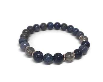 Dumortierite, Blue Goldstone Sandstone and Smoky Quartz Bracelet, Mala Bracelet, Beaded Bracelet, Gemstone Bracelet, Stackable bracelet