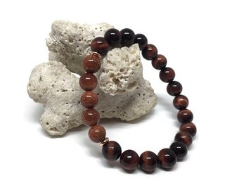 Red Tiger's Eye and Goldstone Sandstone Bracelet, Mala Bracelet, Beaded Bracelet, Gemstone Bracelet, Healing Crystal, Red Bracelet, Yoga