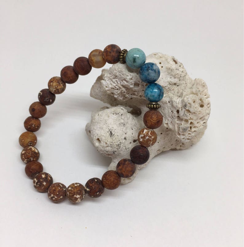 Vintage Wood Agate and Blue Hemimorphite Bracelet, Mala Bracelet, Beaded Bracelet, Men Bracelet, Women Bracelet, 8mm Beads, 8mm Bracelet image 10