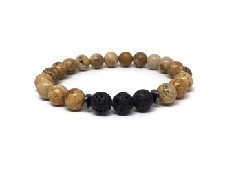 Picture Jasper and Black Lava Stone Bracelet, Oil Diffuser Bracelet, Mala Bracelet, Beaded Bracelet, Gemstone Bracelet, Men Bracelet, Yoga