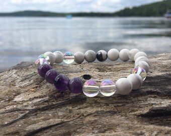 White Howlite, Amethyst and Aqua Aura Clear Quartz Bracelet, Mala Bracelet, Beaded Bracelet, Gemstones Bracelet, Yogi Bracelet Natural Stone