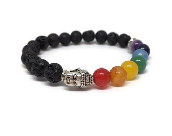 Chakra Bracelet with Black Lava Stone, Chakra Jewelry, Black Lava Stone Bracelet, Oil Diffuser Bracelet, Buddha Bracelet, Rainbow Bracelet