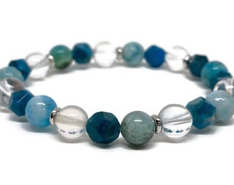 Apatite, Clear Quartz and Hemimorphite Bracelet, Mala Bracelet, Chakra Bracelet, Beaded Bracelet, Men Bracelet, Women Bracelet, Apatite