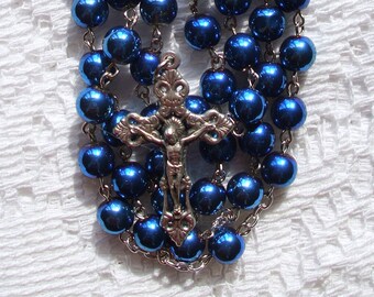 Sapphire Blue Blessed Virgin Handmade Rosary - 8mm Faux Pearl Beads - Enamel Center