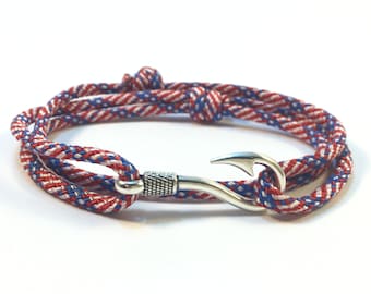 Bransoletka z podwójnego owinięcia Paracord Stars and Stripes z regulowanym wzorem haczyka na ryby dla mężczyzn i kobiet - nadaje się również do noszenia jako bransoletki na kostkę