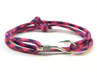 Różowo-fioletowa regulowana bransoletka paracord Nerds z podwójnym owinięciem i wzorem haczyka na ryby dla mężczyzn i kobiet - nadająca się również do noszenia jako bransoletki na kostkę