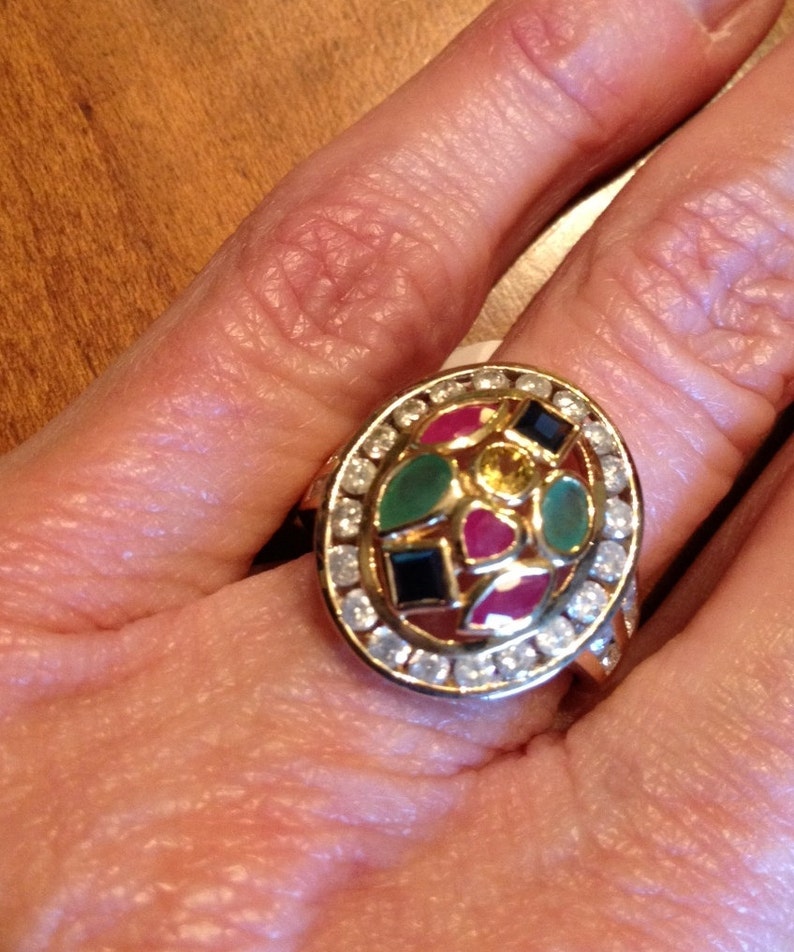 Multi Gemstone & Diamond Ring Vintage 3.00 ctw, 14kt Gld, Size 7 image 3