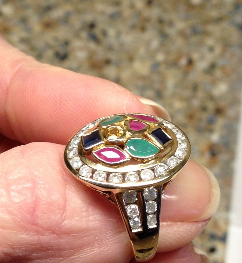 Multi Gemstone & Diamond Ring Vintage 3.00 ctw, 14kt Gld, Size 7 image 2