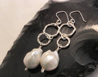 Baroque Pearl Drop Earrings with Hammered Sterling Silver Circles
