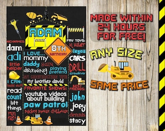 Construction First Birthday Or Any Age Chalkboard Poster Printable Sign Boy or Girl - FREE 24 Hour Turnaround