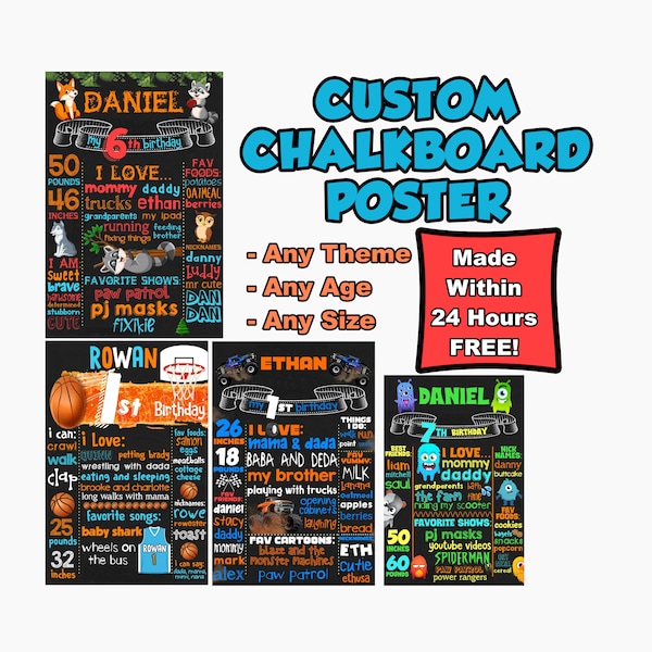 Sale! Custom Birthday Chalkboard Poster, Any Theme, Any Age, Any Size, Printable Sign Boy or Girl - FREE 24 Hour Turnaround