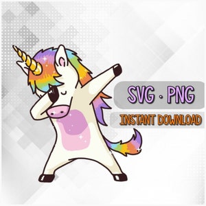 May include: A cartoon unicorn with a rainbow mane and tail is doing the dab dance. The unicorn is white with pink accents and has a gold horn. The background is a gray and white pattern.