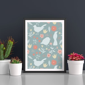 Original Pattern Design: Cottage Birds and Flowers 8.5x11 / 11x17 Printable Art