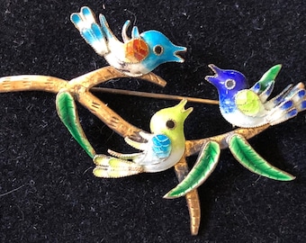 Cloisonné birds pin