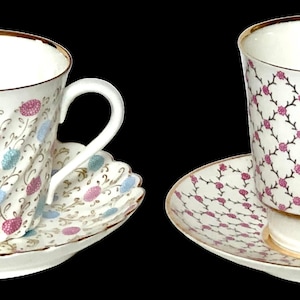 Russian Imperial Lomonosov Tea Cups and Saucers, Pair