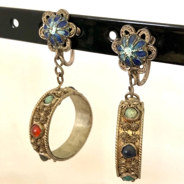 Antique Chinese silver cloisonné and stone screw back earrings