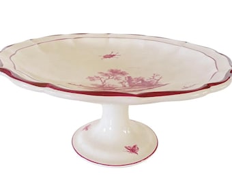19th C. Gien French Faience Pedestal Serving Plate - Insect 'Paysages Rose'