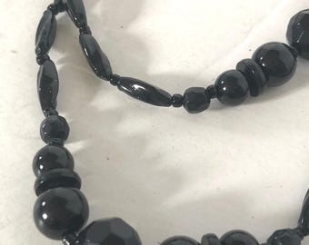 Art Deco Style Flapper Length Black Beaded Necklace