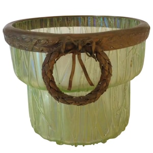 Loetz Iridescent Tree Bark Vase With Metal Wreath Collar