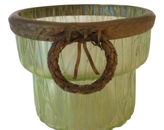 Loetz Iridescent Tree Bark Vase With Metal Wreath Collar